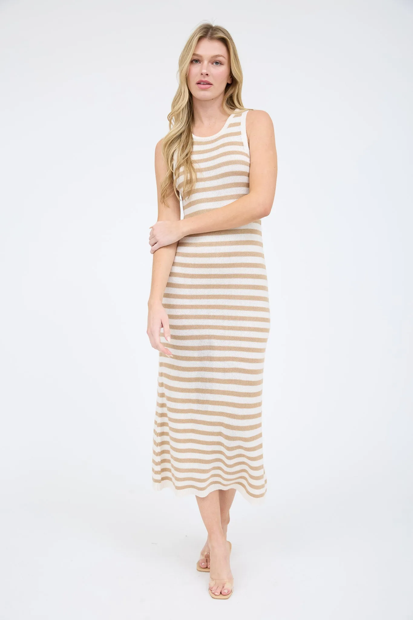 STRIPE SLEEVELESS KNIT TANK MIDI DRESS