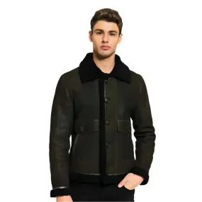 Stylish Men's Green & Black Aviator Shearling Jacket
