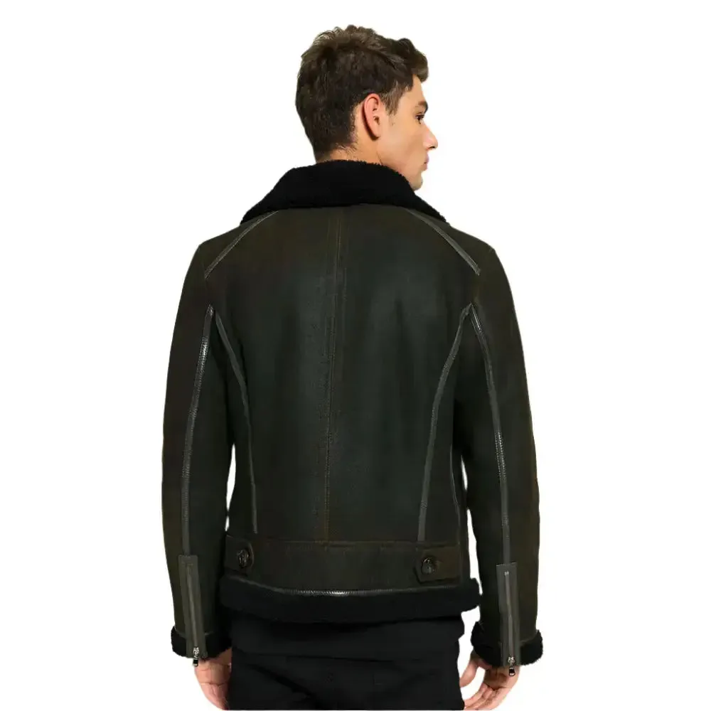 Stylish Men's Green & Black Aviator Shearling Jacket