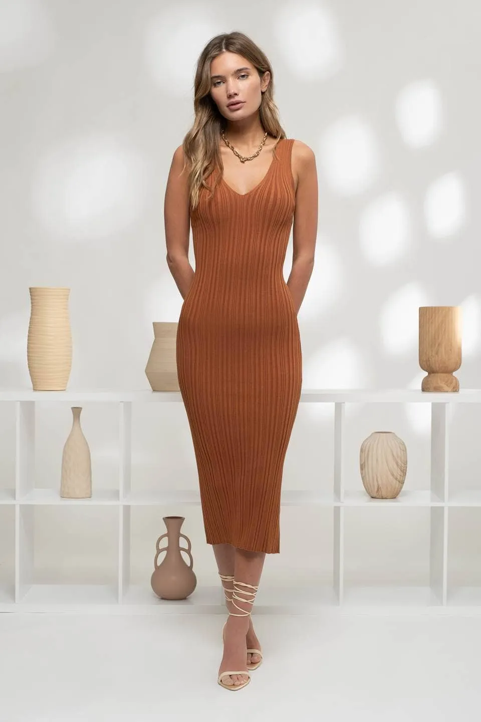 V Neck Sleeveless Sweater Midi Dress - Copper