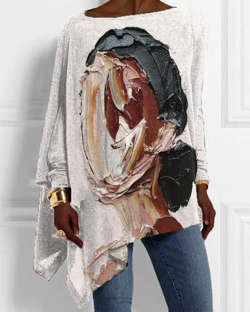 Vintage Oil Painting Black Print Irregular Top