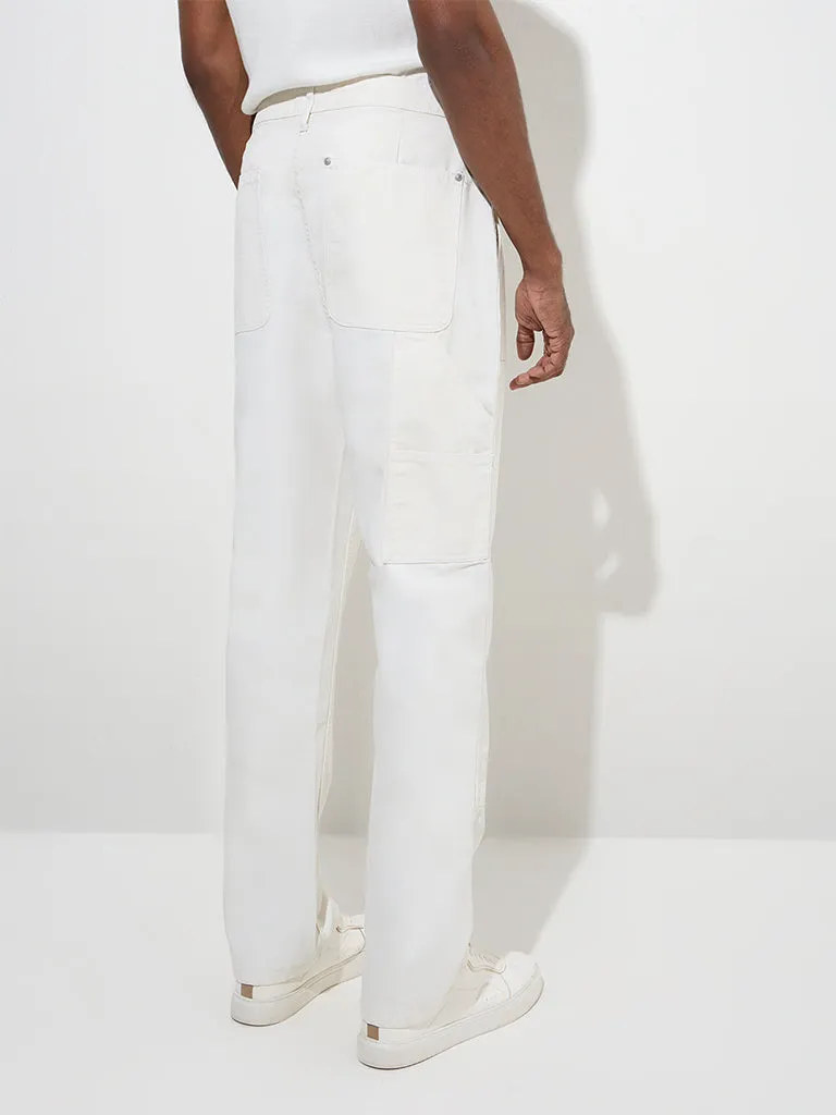 WES Casuals White Relaxed-Fit Mid-Rise Cotton Chinos