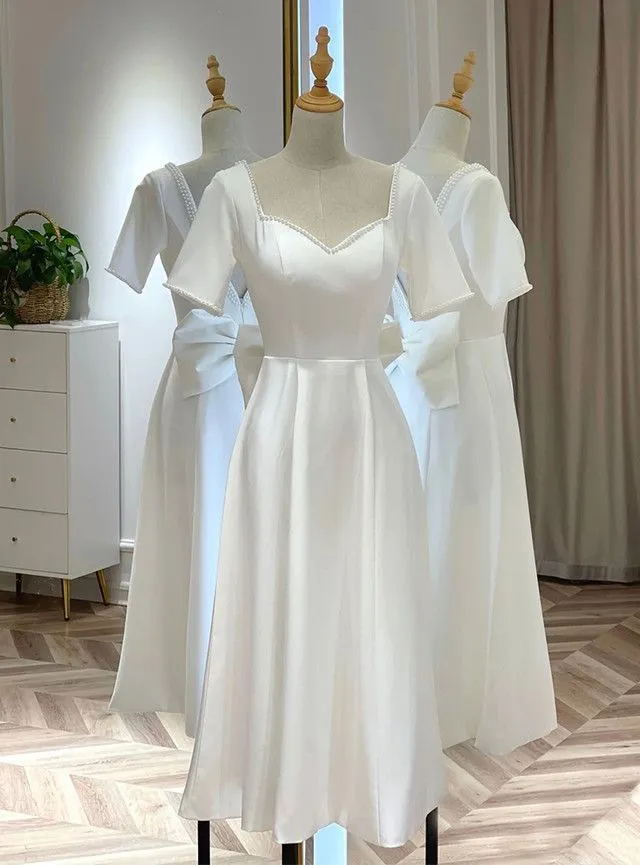 White Satin Short Sleeve Short Wedding Dress      fg4074
