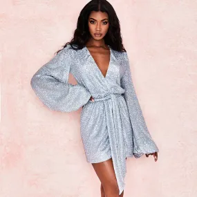 Women's Autumn A-Line V-Neck Sequin Mini Dress
