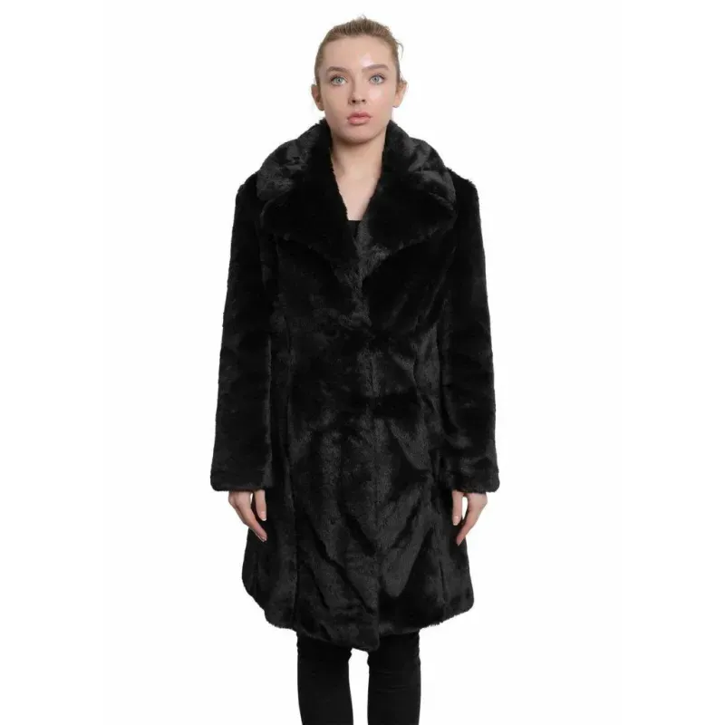 Women’s Faux Fur Large Lapel Mid Length Coat