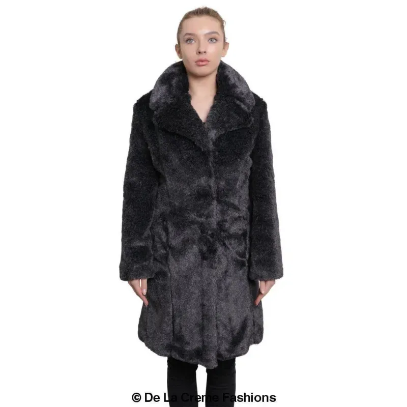 Women’s Faux Fur Large Lapel Mid Length Coat