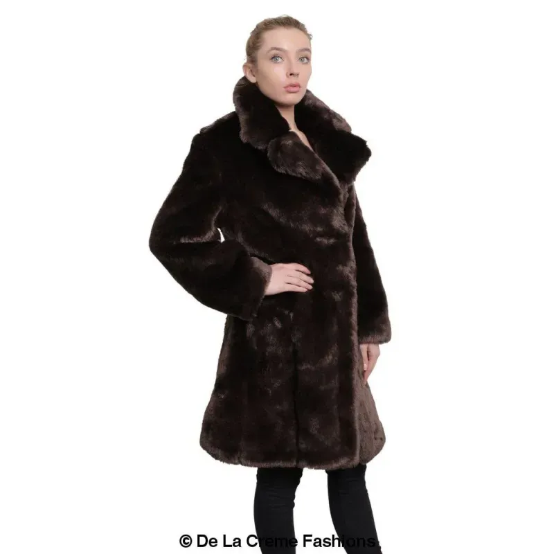 Women’s Faux Fur Large Lapel Mid Length Coat