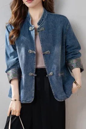 Womens Long Sleeve Print Denim Jacket with Pocket