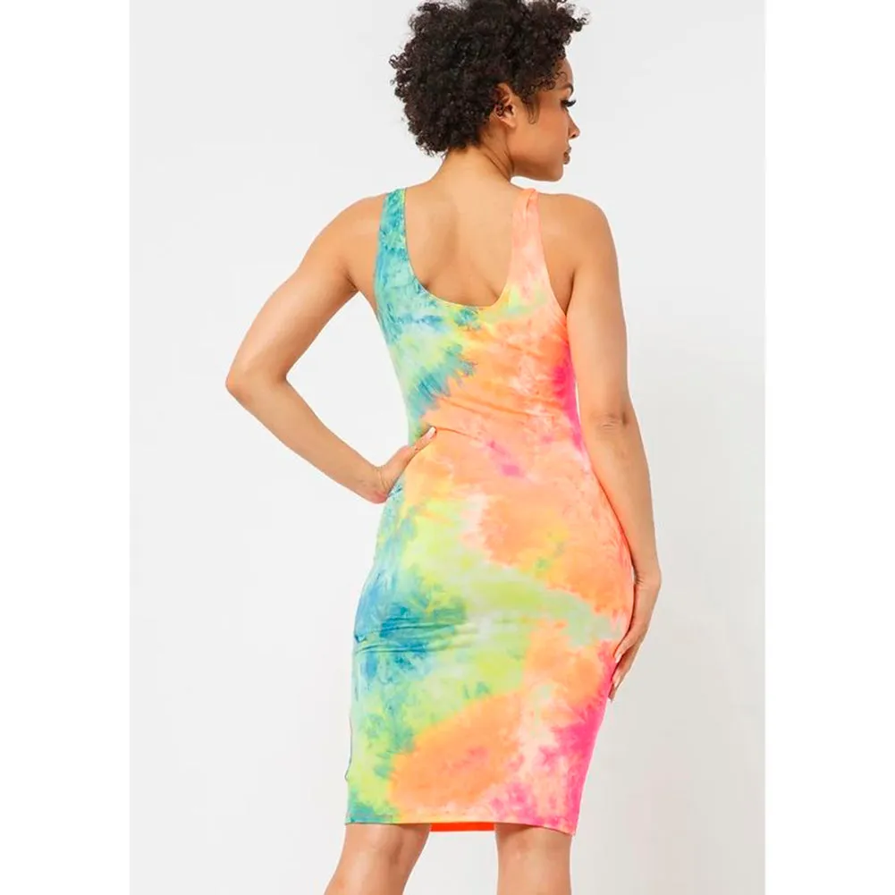 Women's Midi Bodycon Dress Tie-Dye Tank Top Sleeveless Scoop Neck Casual Dress