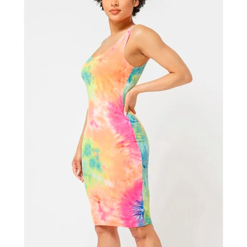 Women's Midi Bodycon Dress Tie-Dye Tank Top Sleeveless Scoop Neck Casual Dress