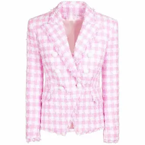 Women's Purple & White Tweed Houndstooth Luxury Fitted Double Breasted Blazer with Lion Buttons